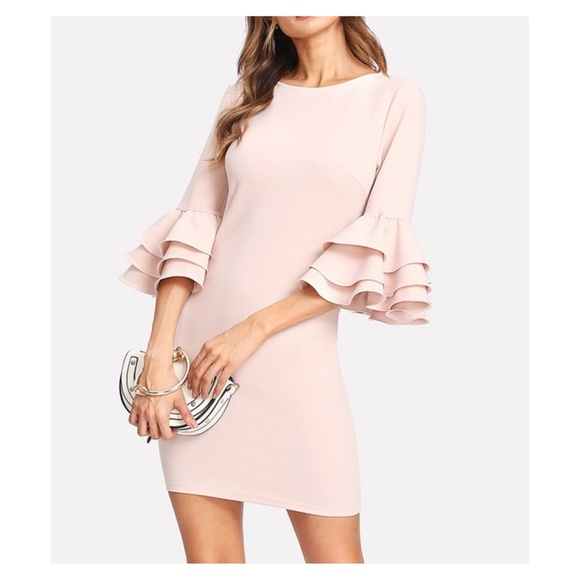 MBM Unlimited Dresses & Skirts - Nude Tiered Ruffle Sleeve Bodycon Dress
